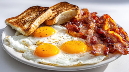 Breakfast set with toast, eggs, and bacon on a round plate with white backgroundの素材