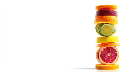A stack of various citrus fruit slices forming a colorful column on whiteの素材