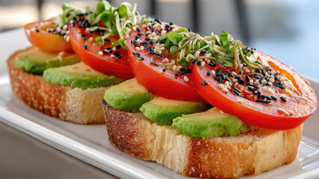 Avocado toast topped with sliced tomato and sesame seeds on a white plateの素材