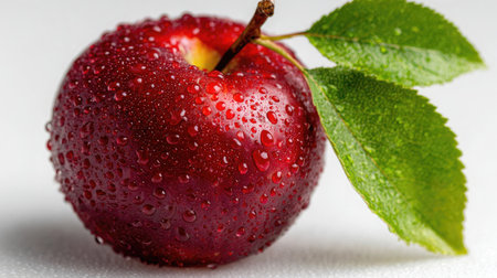 A ripe red apple with water droplets and a single green leaf on a plain white backdropの素材