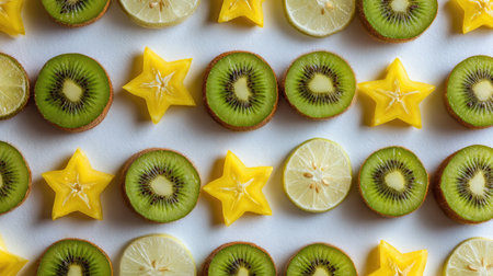 Close-up of sliced starfruit and kiwi arranged in rows on a pure white backgroundの素材