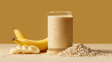 Banana smoothie in a clear cup with banana slices and oats arranged nearby on whiteの素材