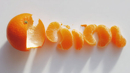 A peeled orange with individual segments arranged neatly on a plain white surfaceの素材