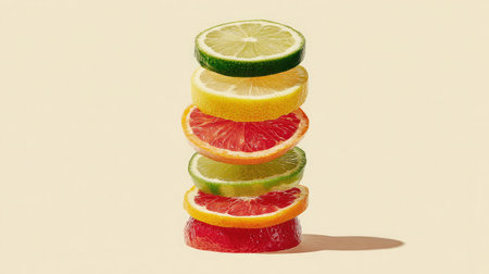 A stack of various citrus fruit slices forming a colorful column on whiteの素材