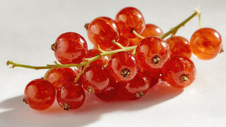 Close-up of red currants on the vine, laid out in contrast with the white backgroundの素材
