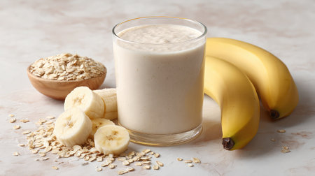 Banana smoothie in a clear cup with banana slices and oats arranged nearby on whiteの素材