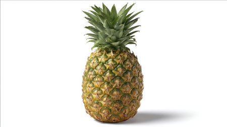 A whole pineapple with detailed texture standing upright on a seamless white backgroundの素材