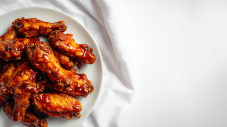 Chicken wings coated in sticky sauce laid out on white plate over white surfaceの素材