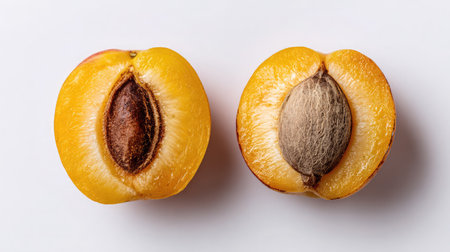 Fresh apricot halved to show pit and texture lying on a bright white backgroundの素材