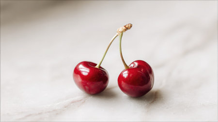 A pair of red cherries with stems touching arranged artfully on a bright white surfaceの素材