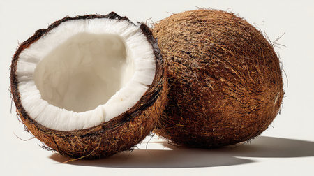 A single whole coconut and a halved one with exposed white meat placed on a white backgroundの素材