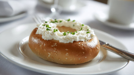 Bagel with cream cheese and chives set neatly on a plate on whiteの素材