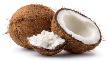 A single whole coconut and a halved one with exposed white meat placed on a white backgroundの素材