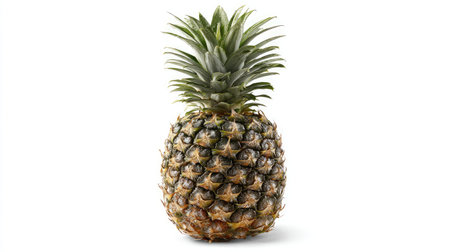 A whole pineapple with detailed texture standing upright on a seamless white backgroundの素材