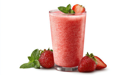 Bright pink strawberry smoothie in a clear glass with a slice of fruit and mint garnish on a white backgroundの素材