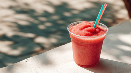Cold fruit smoothie served in a modern glass cup with colorful reusable straw on whiteの素材