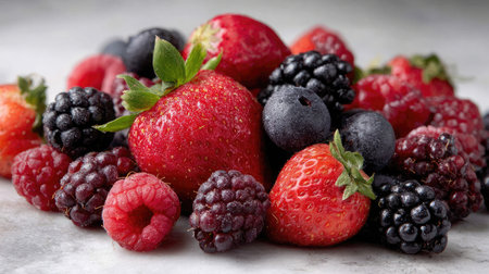 Colorful mixed berries including strawberries, blackberries, and raspberries placed on white surfaceの素材