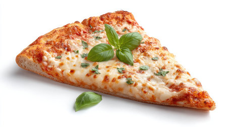 Classic margherita pizza slice with melted cheese and basil placed on white backgroundの素材