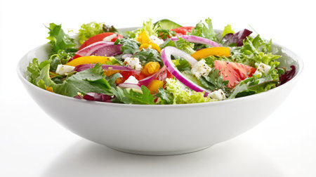 Colorful vegetable salad in a white ceramic bowl isolated on a bright white backgroundの素材