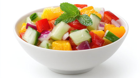 Colorful vegetable salad in a white ceramic bowl isolated on a bright white backgroundの素材