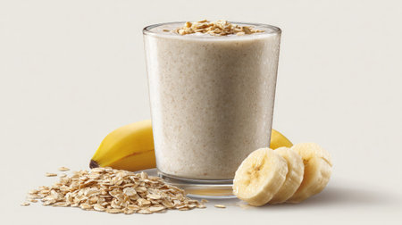 Banana smoothie in a clear cup with banana slices and oats arranged nearby on whiteの素材