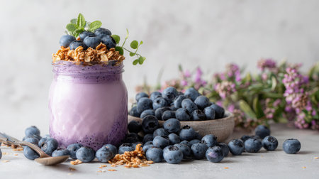 Blueberry smoothie with oat topping in a glass jar, set on a minimal white surfaceの素材
