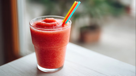 Cold fruit smoothie served in a modern glass cup with colorful reusable straw on whiteの素材