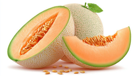 Clean image of sliced cantaloupe with seeds visible placed beside whole melon on whiteの素材
