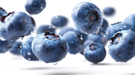 Close-up of blueberries scattered across a white background in random natural arrangementの素材