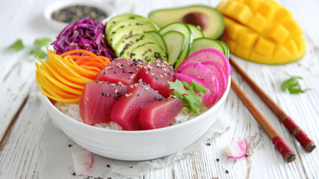 Colorful poke bowl with rice, tuna, and vegetables on white surfaceの素材