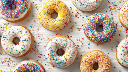 Doughnuts with colorful icing and sprinkles arranged on a white surfaceの素材
