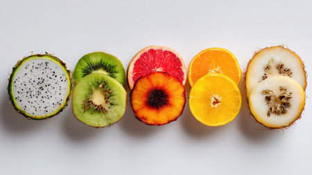 Colorful combination of sliced tropical fruits placed flat on a white surfaceの素材