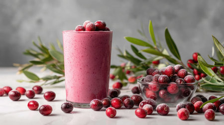 Cranberry smoothie in a frosty glass with fresh cranberries and leaves scattered on whiteの素材