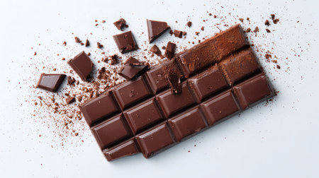 Chocolate bar broken into pieces with crumbs scattered on white backgroundの素材