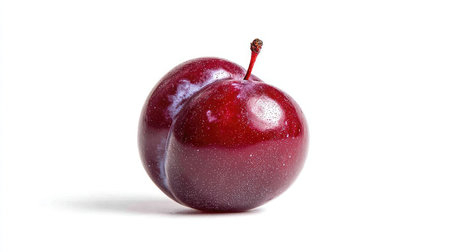 Clean image of a single red plum with matte skin sitting centered on a white backgroundの素材