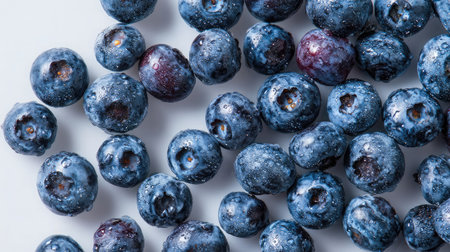 Close-up of blueberries scattered across a white background in random natural arrangementの素材