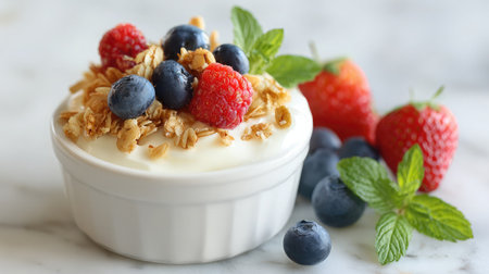 Cup of yogurt topped with granola and berries placed on bright white surfaceの素材