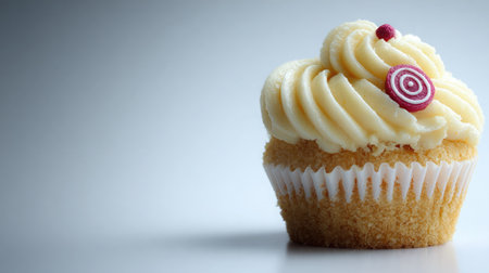 Cupcake with swirl of frosting and small decorative topping placed on whiteの素材