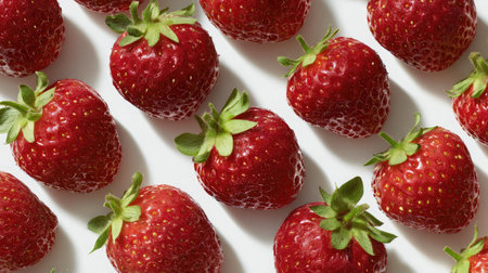 Flat lay of strawberries with stems arranged in grid-like pattern on white backdropの素材