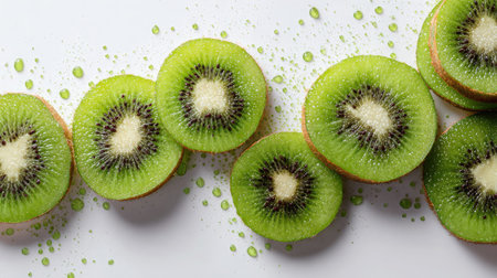 Freshly sliced kiwi fruit with seeds and vibrant green color arranged on a clean white backgroundの素材
