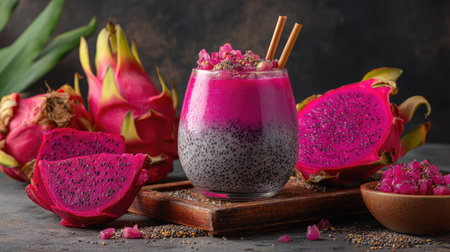 Dragon fruit smoothie with vibrant pink hue served in a glass bowl with chia seeds on topの素材