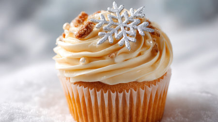Cupcake with swirl of frosting and small decorative topping placed on whiteの素材