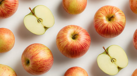 Flat lay of whole and sliced apples forming a natural pattern on whiteの素材