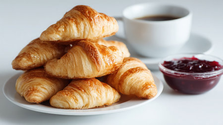 Freshly baked croissants stacked beside a cup of jam on a white plateの素材