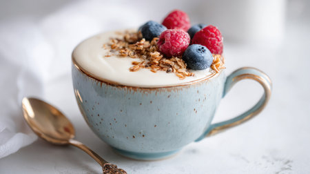 Cup of yogurt topped with granola and berries placed on bright white surfaceの素材