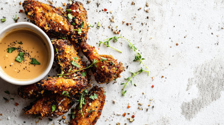 Crispy fried chicken wings with dipping sauce and herbs on a clean white backdropの素材