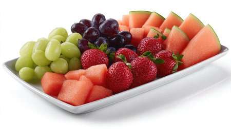 Fresh fruit platter with melon, grapes, and strawberries neatly displayed on whiteの素材