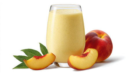 Glass of creamy peach smoothie with fresh peach slices arranged beside it on whiteの素材