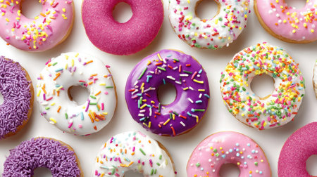 Doughnuts with colorful icing and sprinkles arranged on a white surfaceの素材