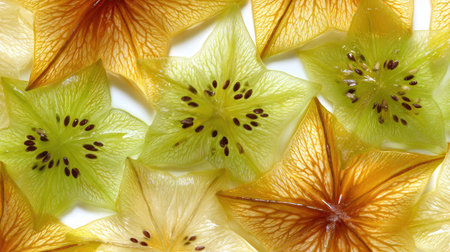 Close-up of sliced starfruit and kiwi arranged in rows on a pure white backgroundの素材